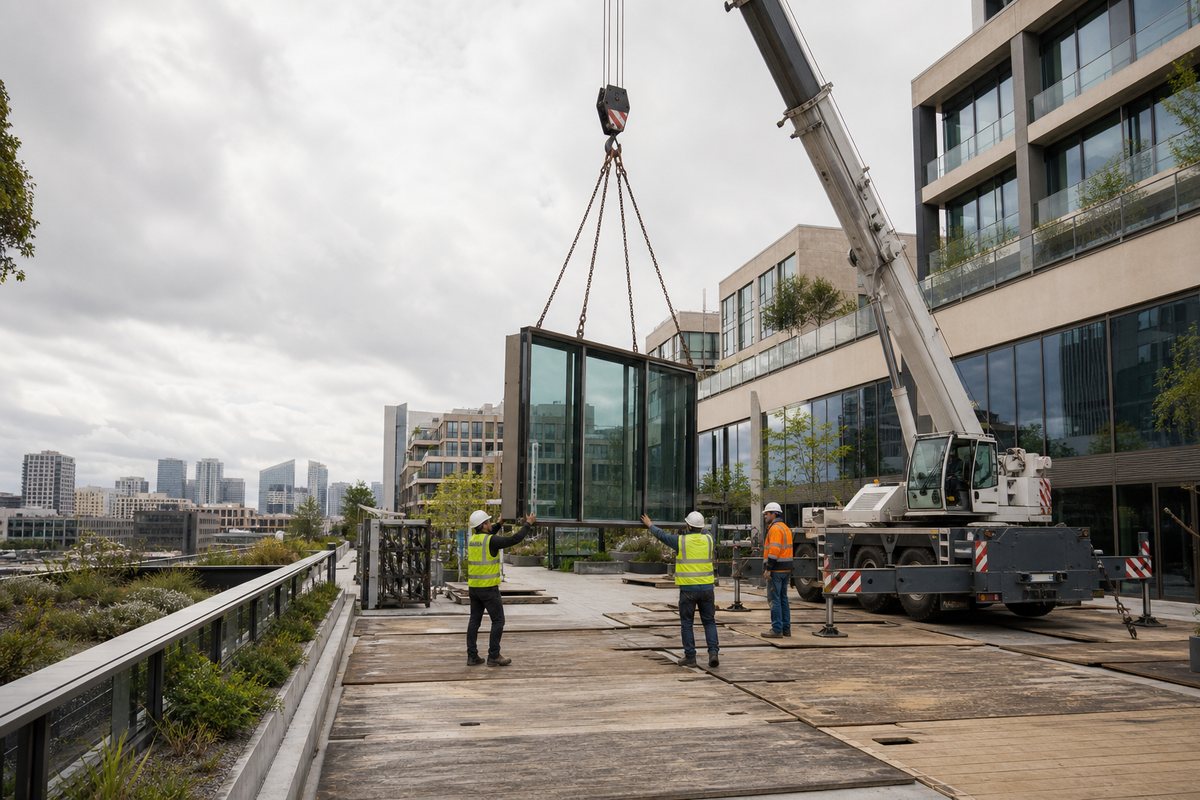 Mise en situation d’un grue mobile automotrice avec une équipe de levage pour levage de façade vitrée sur les terrasses, dans un environnement inspiré de Nanterre
