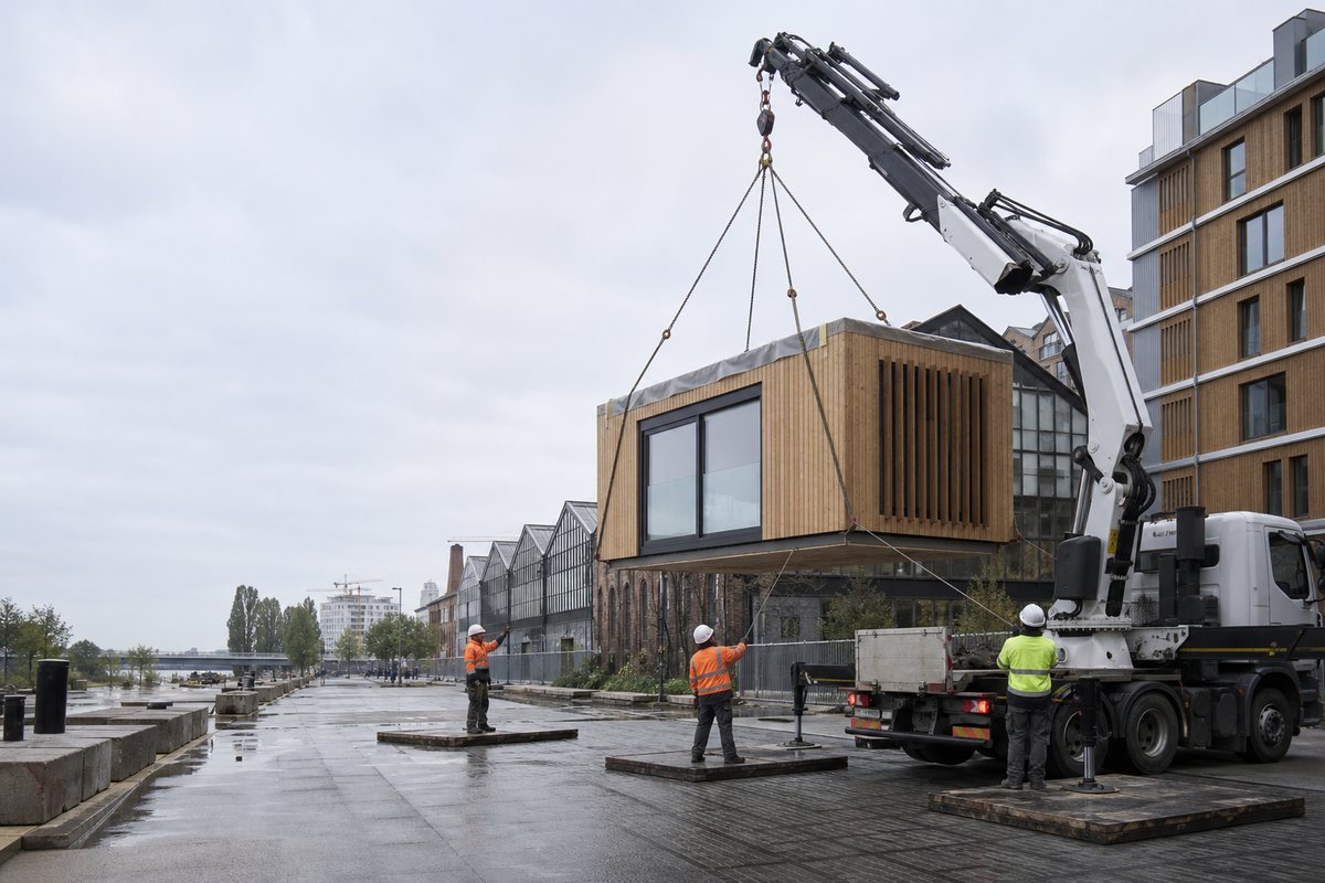 Mise en situation d’un camion-grue européen avec une équipe de levage pour dépose de cuve, coteau de chantenay, dans un environnement inspiré de Nantes