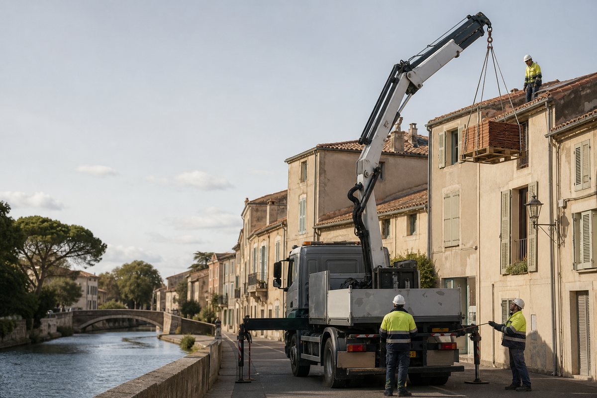 Mise en situation d’un camion-grue européen avec une équipe de levage pour couverture en centre ancien, dans un environnement inspiré de Narbonne
