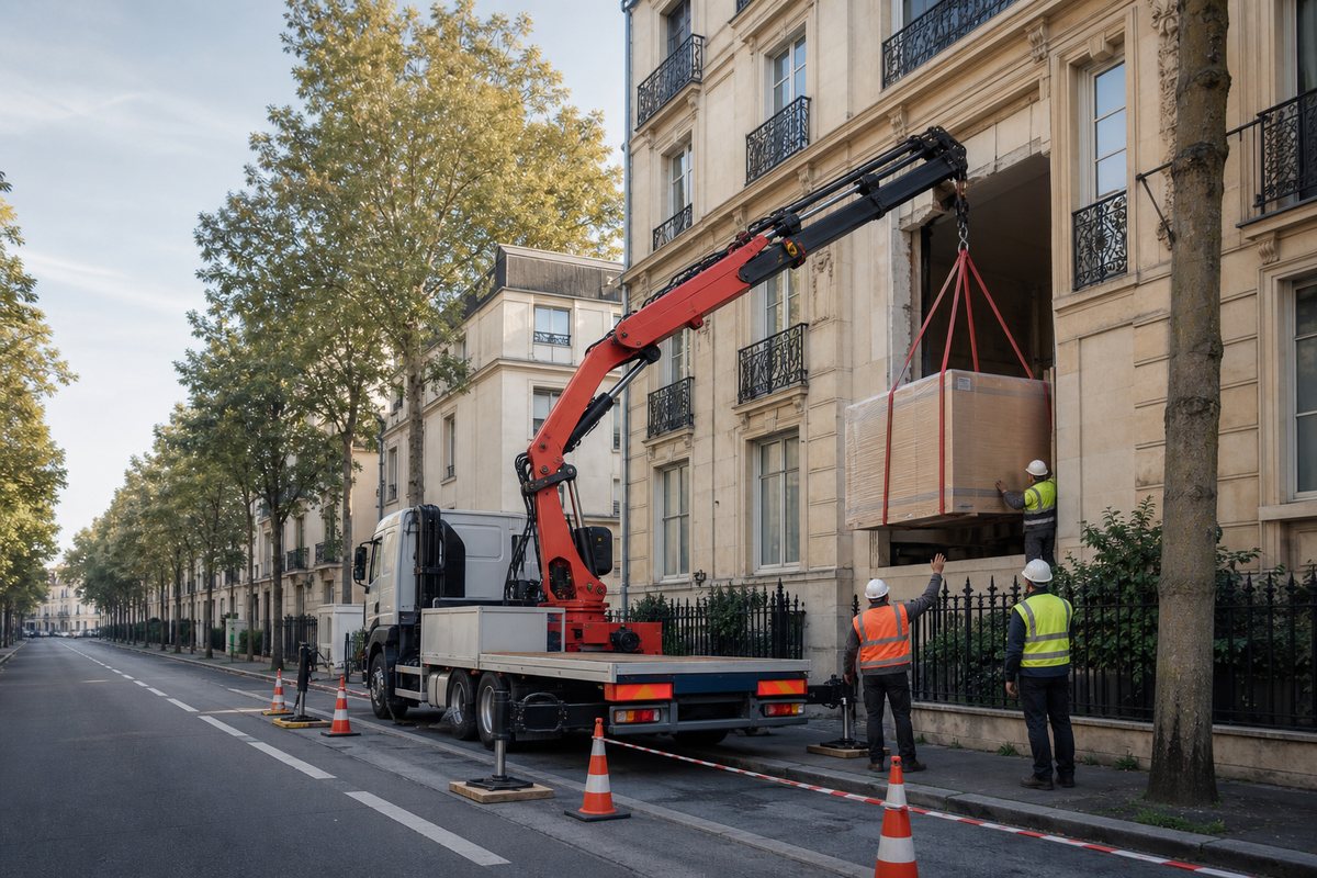 Mise en situation d’un camion-grue européen avec une équipe de levage pour introduction de mobilier par façade, dans un environnement inspiré de Neuilly-sur-Seine