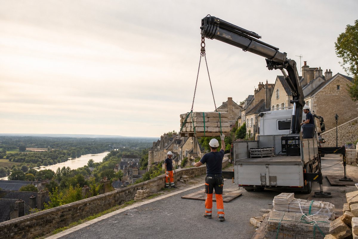 Mise en situation d’un camion-grue européen avec une équipe de levage pour rénovation urbaine au banlay, dans un environnement inspiré de Nevers