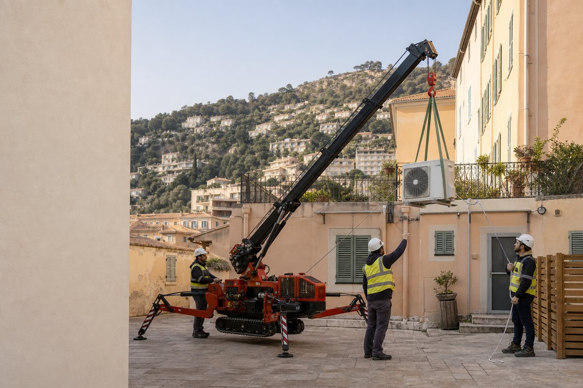 Mise en situation d’un mini-grue araignée avec une équipe de levage pour climatisation en terrasse, vieux-nice, dans un environnement inspiré de Nice