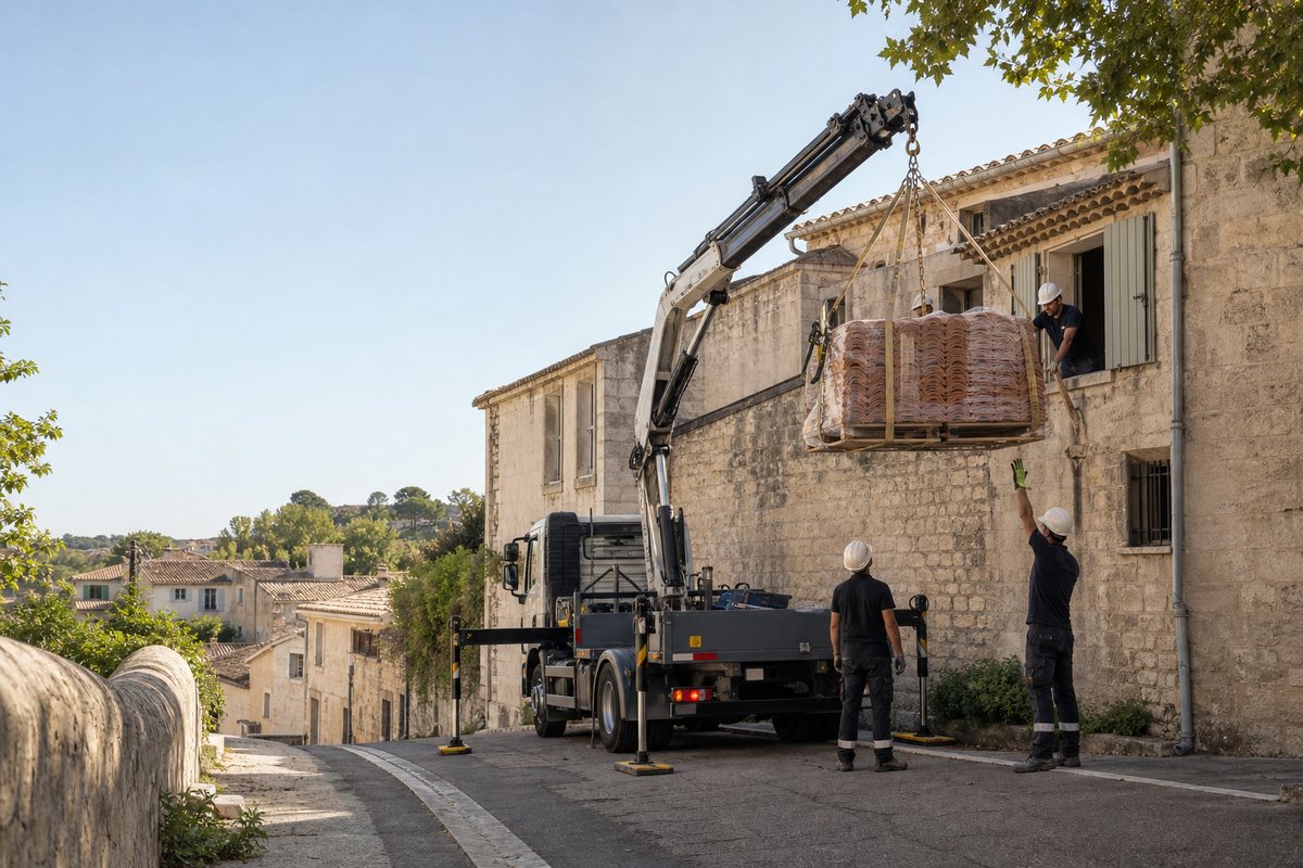 Mise en situation d’un camion-grue européen avec une équipe de levage pour réfection de toiture, abords des arènes, dans un environnement inspiré de Nîmes