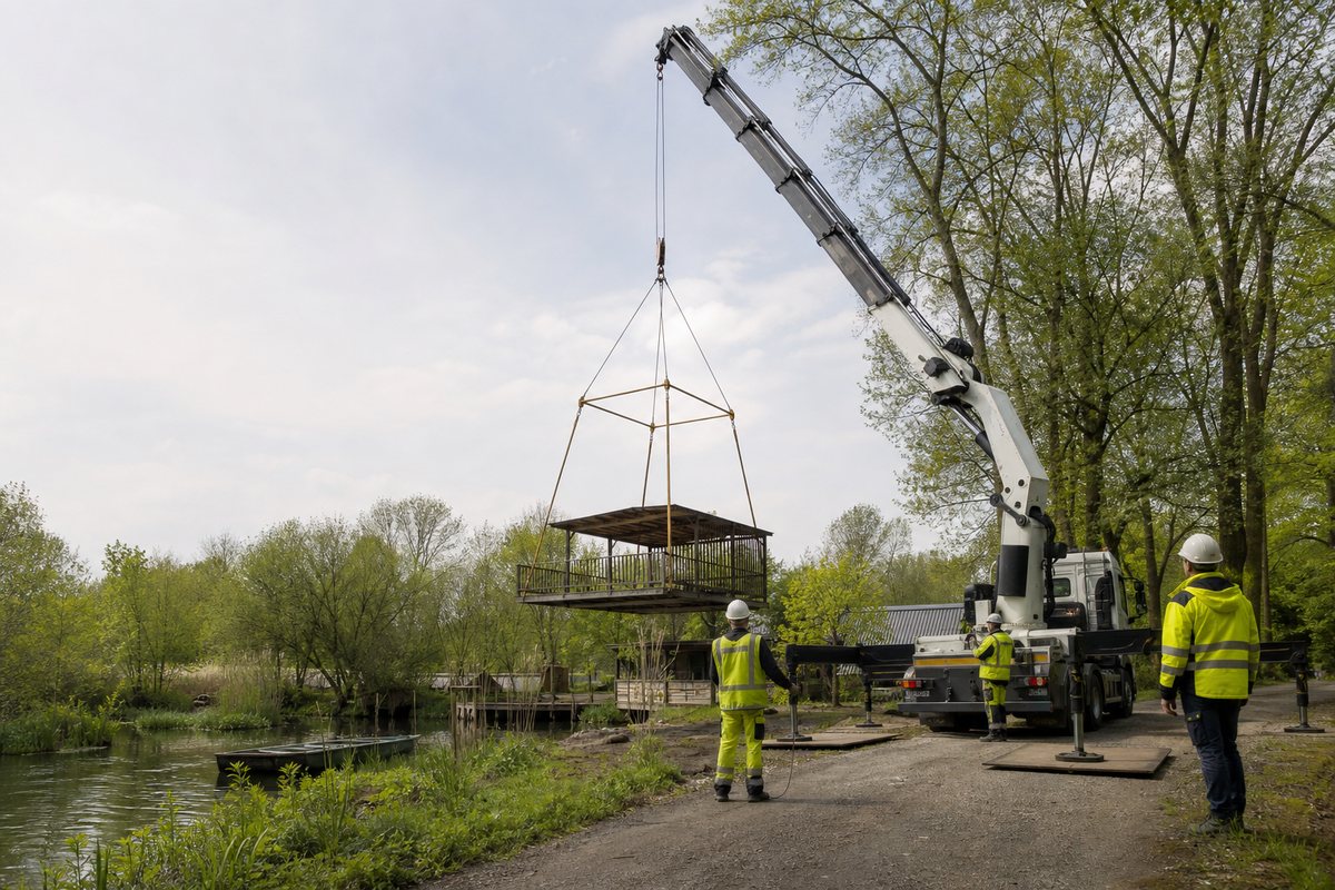 Mise en situation d’un camion-grue européen avec une équipe de levage pour ponton et abri de barque en bordure de marais, dans un environnement inspiré de Niort