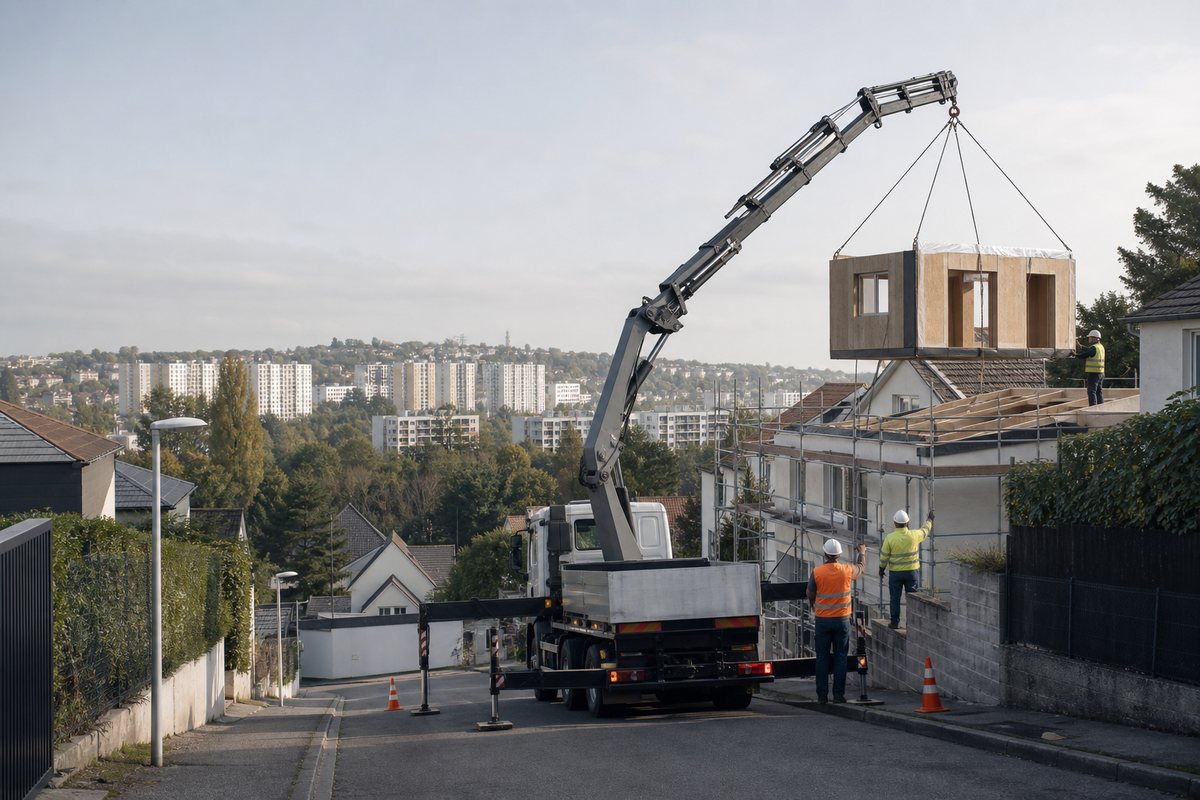 Mise en situation d’un camion-grue européen avec une équipe de levage pour surélévation de pavillon sur le coteau, quartier des yvris, dans un environnement inspiré de Noisy-le-Grand