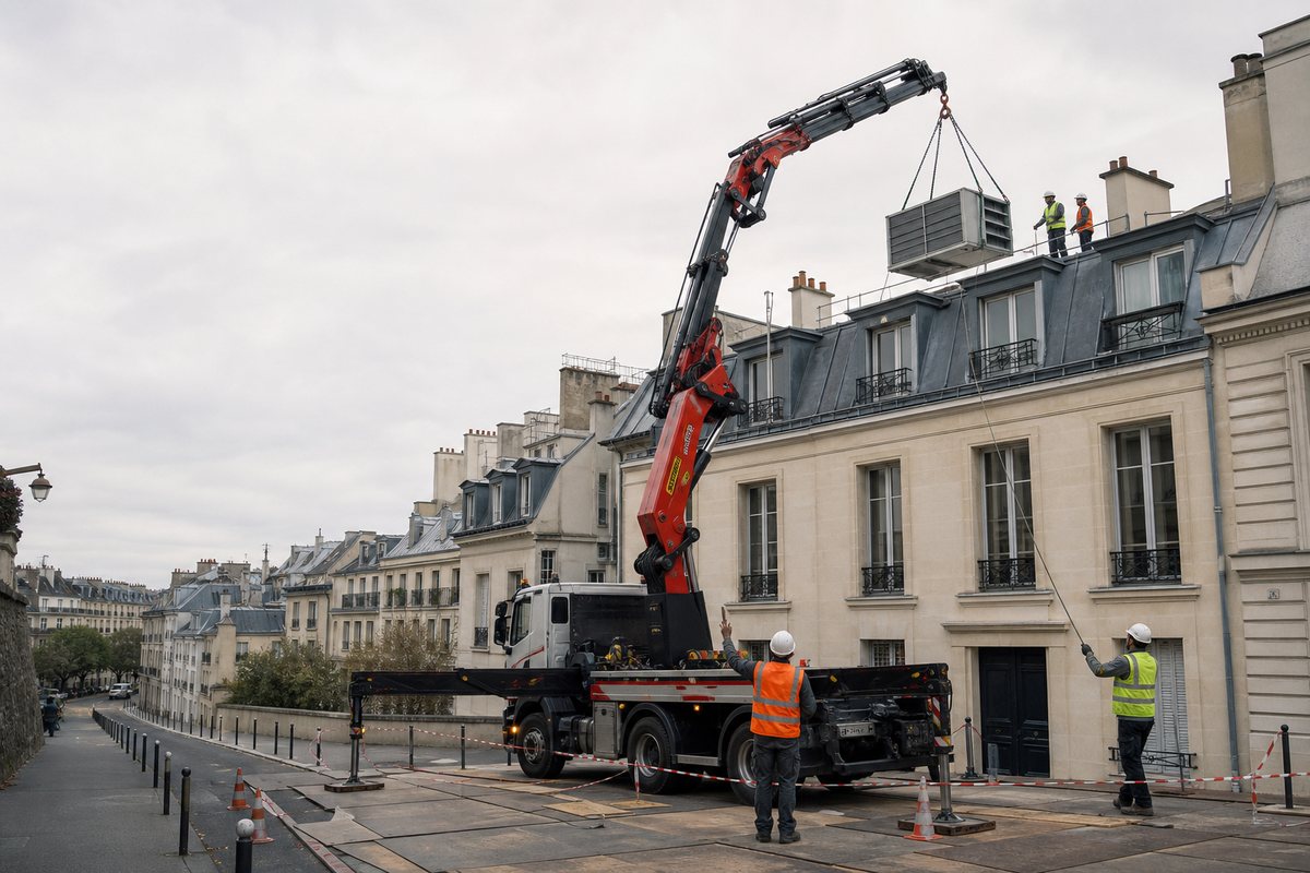 Mise en situation d’un camion-grue européen avec une équipe de levage pour groupe froid en toiture, immeuble haussmannien du 9e, dans un environnement inspiré de Paris