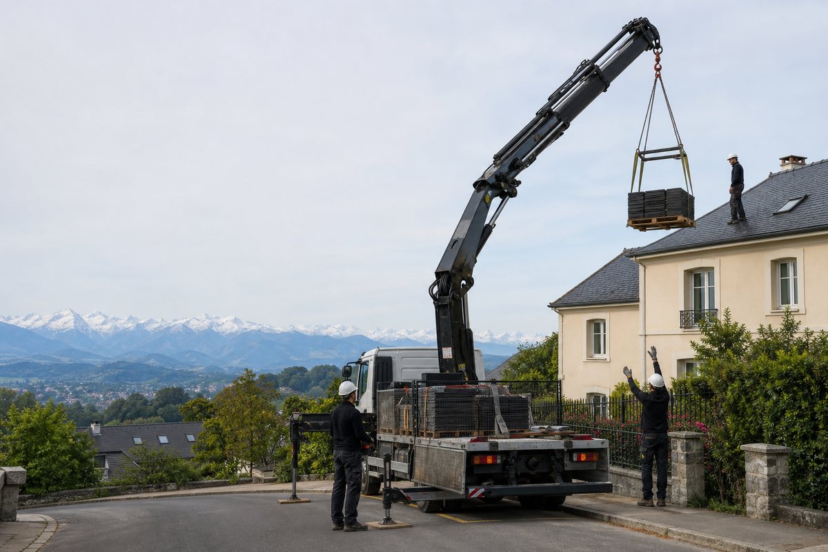 Mise en situation d’un camion-grue européen avec une équipe de levage pour réfection de couverture d'ardoise, quartier trespoey, dans un environnement inspiré de Pau
