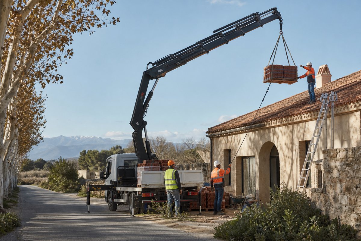 Mise en situation d’un camion-grue européen avec une équipe de levage pour réfection de couverture sur un mas du moulin-à-vent, dans un environnement inspiré de Perpignan