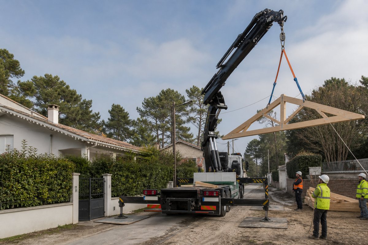 Mise en situation d’un camion-grue européen avec une équipe de levage pour charpente de maison girondine, dans un environnement inspiré de Pessac