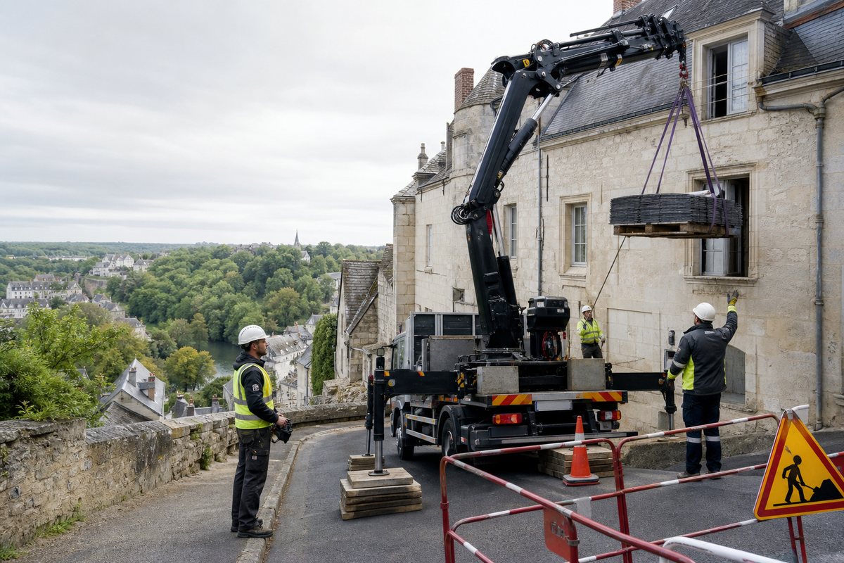 Mise en situation d’un camion-grue européen avec une équipe de levage pour restauration de couverture en ville haute, dans un environnement inspiré de Poitiers