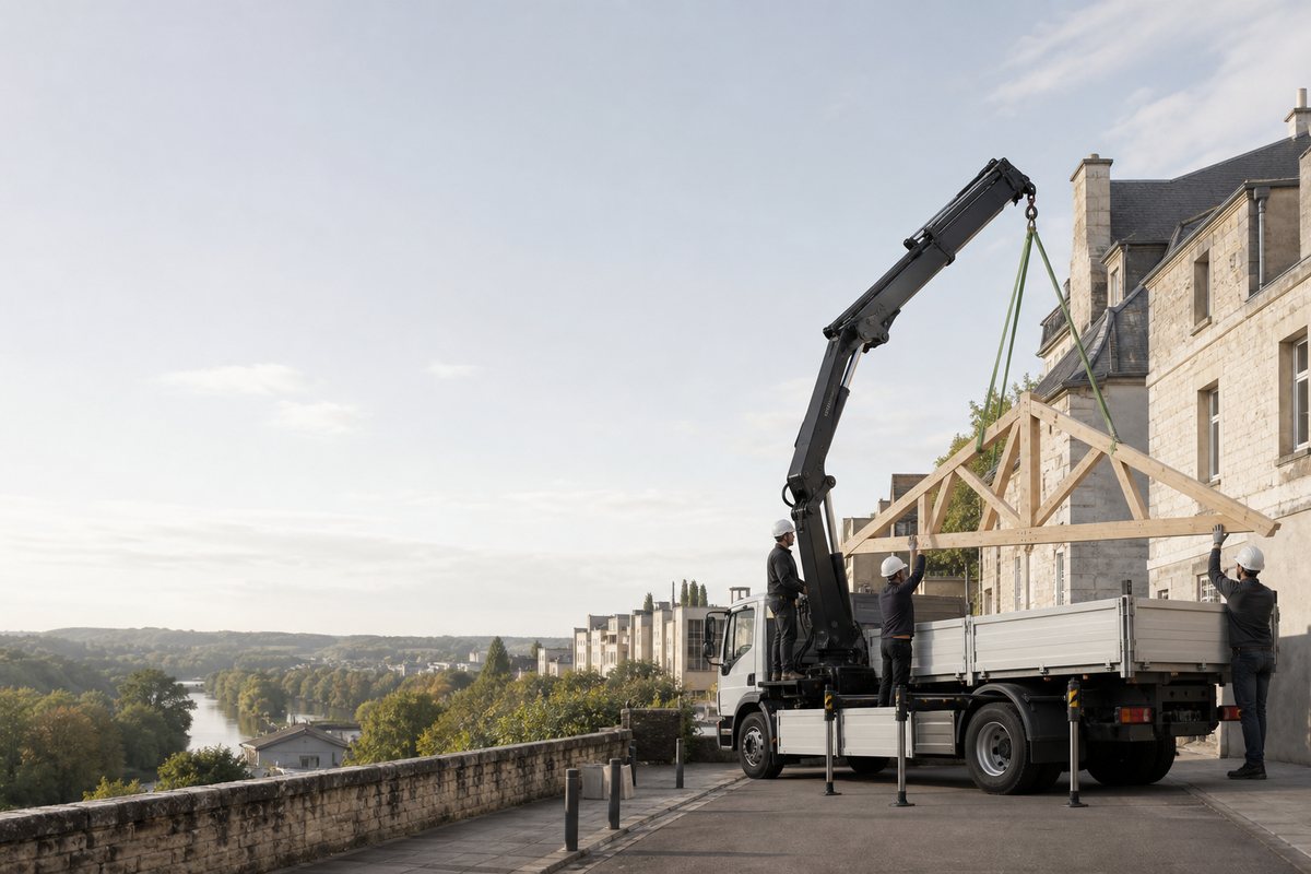 Mise en situation d’un camion-grue européen avec une équipe de levage pour charpente d'un immeuble, agglomération de cergy, dans un environnement inspiré de Pontoise