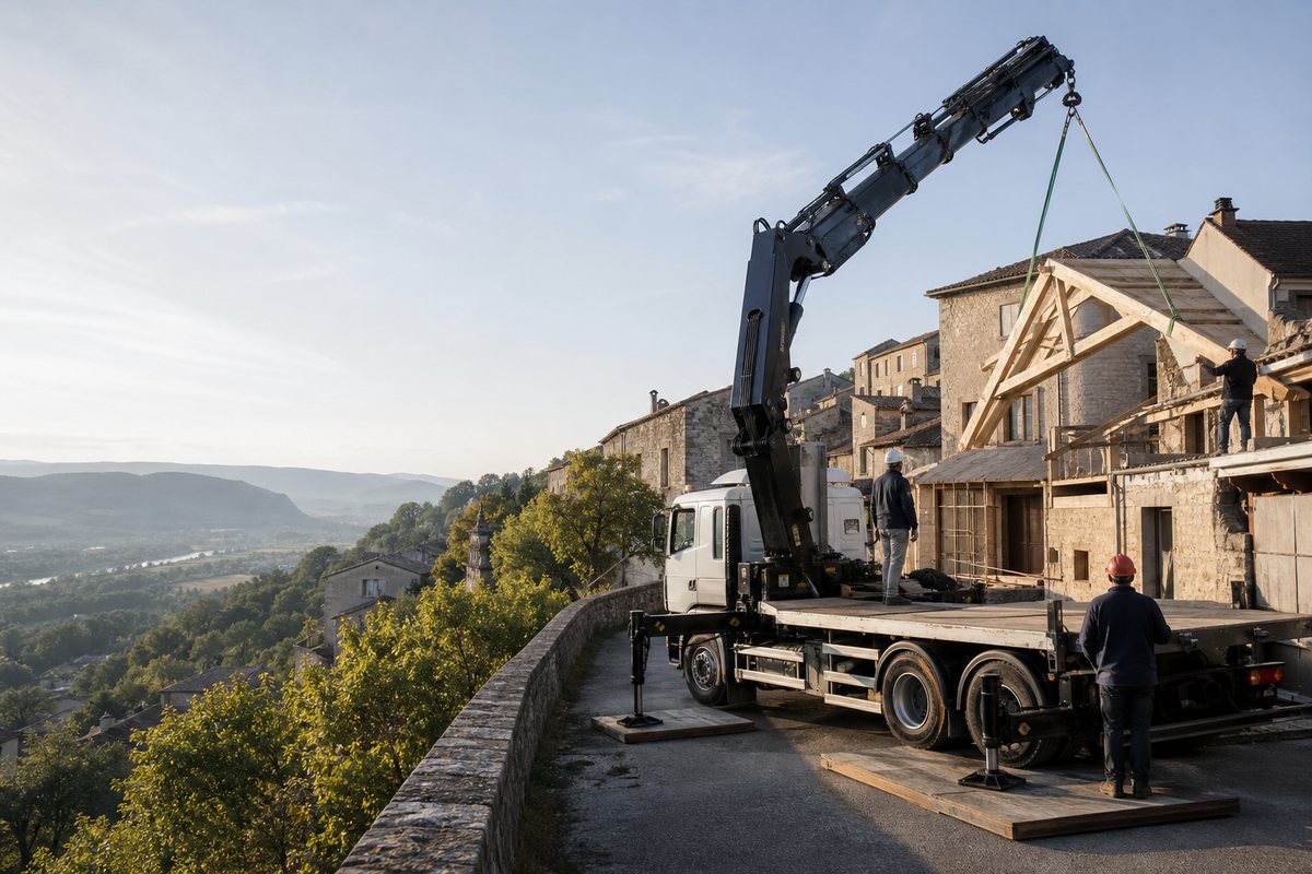 Mise en situation d’un camion-grue européen avec une équipe de levage pour charpente d'un pavillon, périphérie de privas, dans un environnement inspiré de Privas