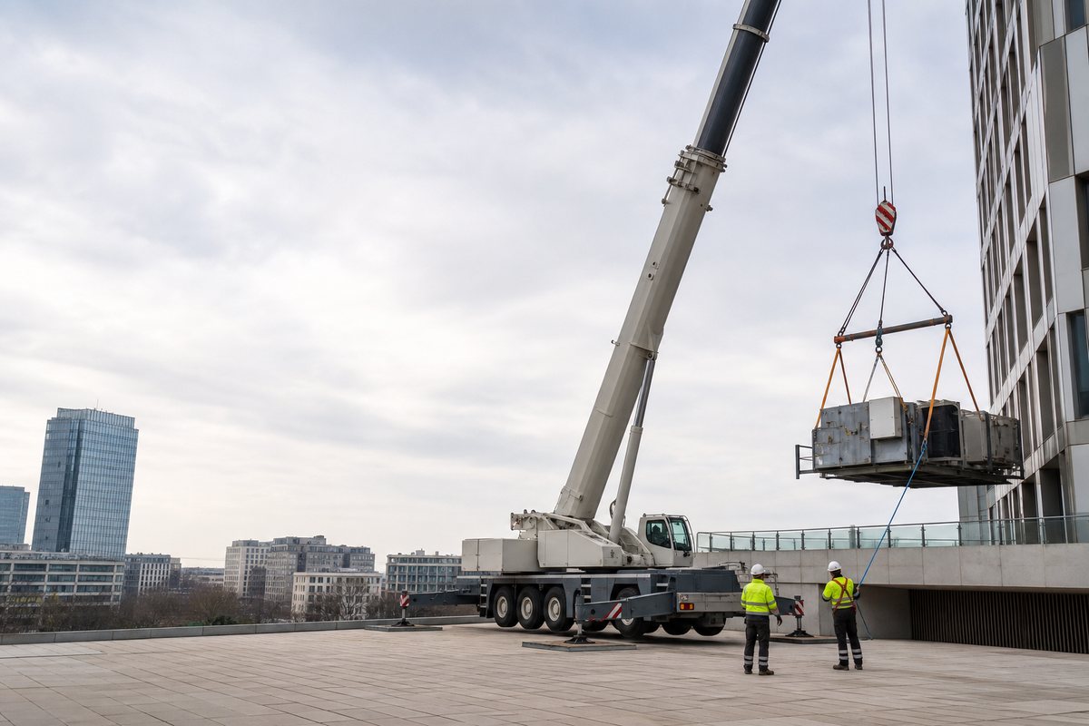 Mise en situation d’un grue mobile automotrice avec une équipe de levage pour levage en pied de tour à la défense, dans un environnement inspiré de Puteaux