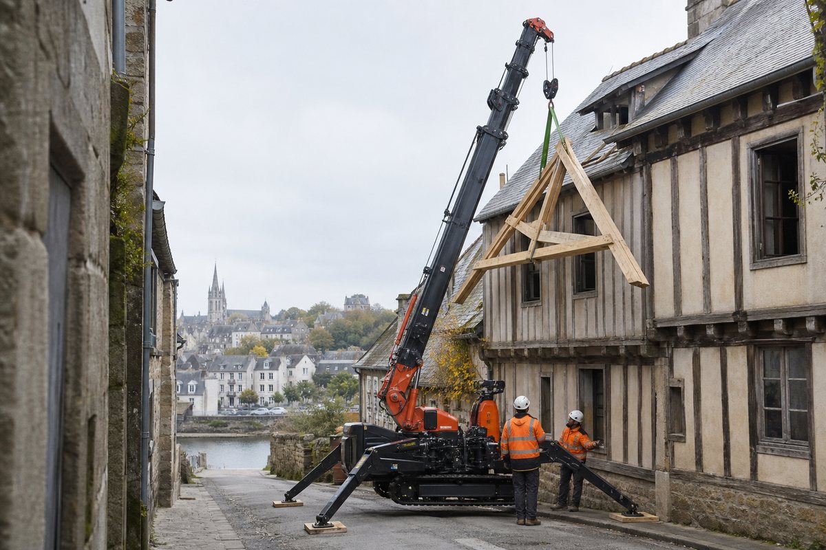 Mise en situation d’un mini-grue araignée avec une équipe de levage pour charpente en coeur médiéval, dans un environnement inspiré de Quimper