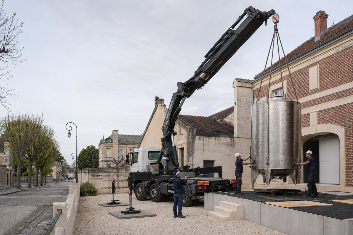 Mise en situation d’un camion-grue européen avec une équipe de levage pour cuves inox chez un vigneron, secteur saint-nicaise, dans un environnement inspiré de Reims