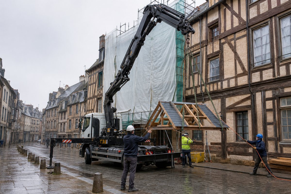Mise en situation d’un camion-grue européen avec une équipe de levage pour réfection de toiture, centre à pans de bois, dans un environnement inspiré de Rennes