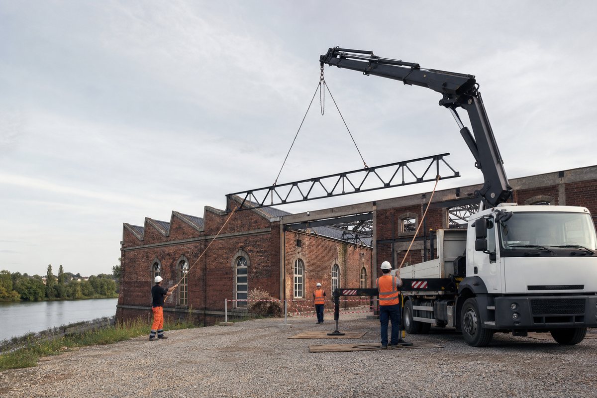Mise en situation d’un camion-grue européen avec une équipe de levage pour réhabilitation d'une friche textile, dans un environnement inspiré de Roanne