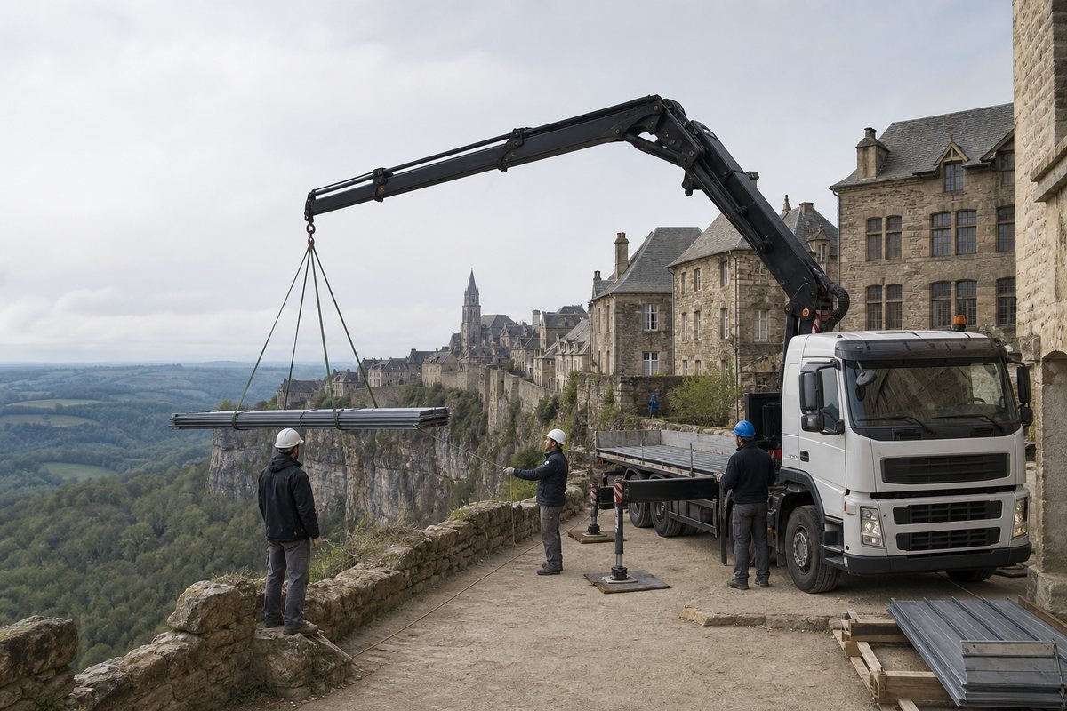 Mise en situation d’un camion-grue européen avec une équipe de levage pour charpente d'une maison individuelle, ségala, dans un environnement inspiré de Rodez