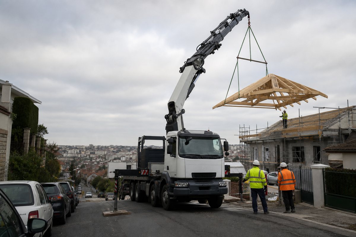 Mise en situation d’un camion-grue européen avec une équipe de levage pour levée de charpente en secteur pavillonnaire, dans un environnement inspiré de Rosny-sous-Bois