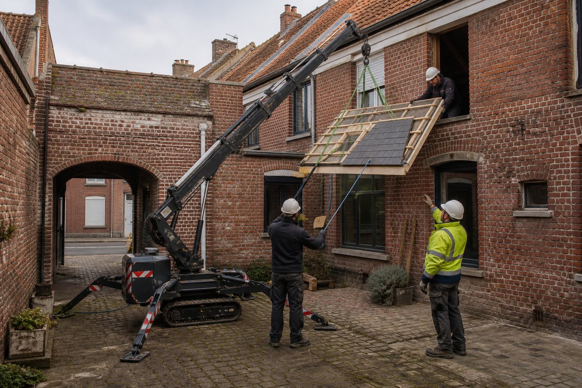 Mise en situation d’un mini-grue araignée avec une équipe de levage pour réfection de toiture dans une courée de l'épeule, dans un environnement inspiré de Roubaix