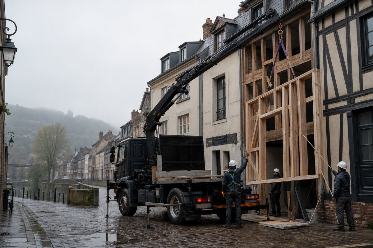 Mise en situation d’un camion-grue européen avec une équipe de levage pour restauration de pan de bois, rue damiette, dans un environnement inspiré de Rouen