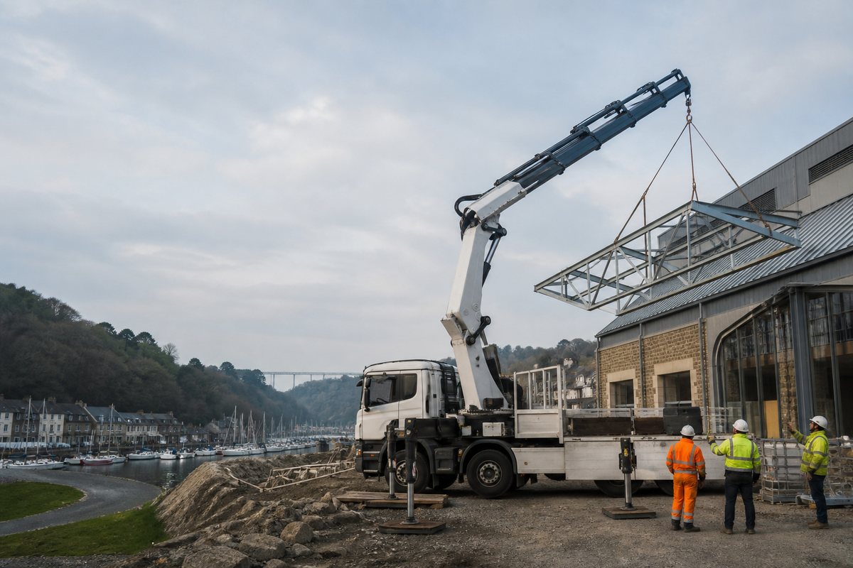 Mise en situation d’un camion-grue européen avec une équipe de levage pour levage de charpente au légué, dans un environnement inspiré de Saint-Brieuc