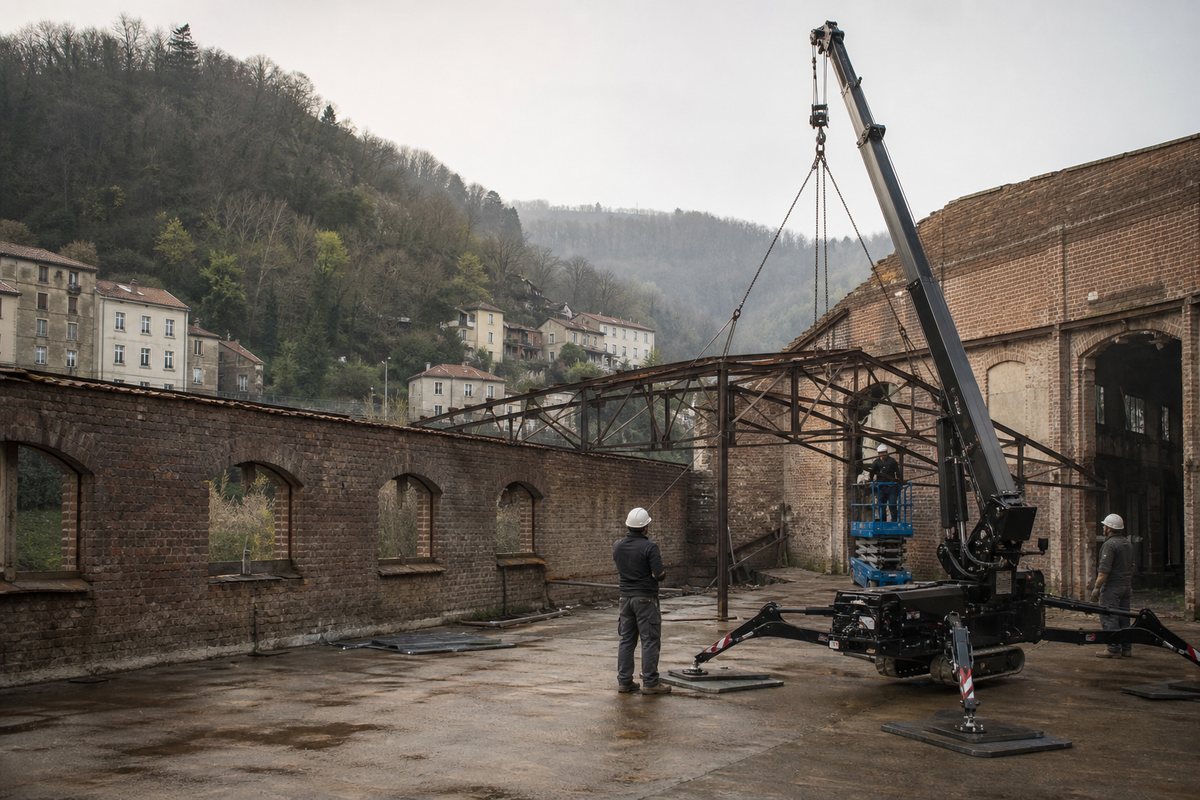 Mise en situation d’un mini-grue araignée avec une équipe de levage pour dépose de charpente en ancienne usine textile, dans un environnement inspiré de Saint-Chamond