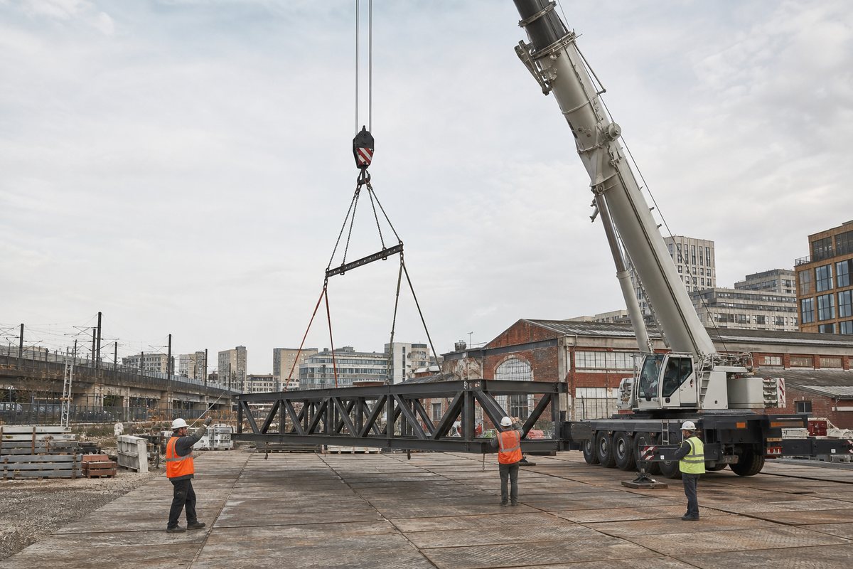Mise en situation d’un grue mobile automotrice avec une équipe de levage pour levage de structure métallique à la plaine saint-denis, dans un environnement inspiré de Saint-Denis