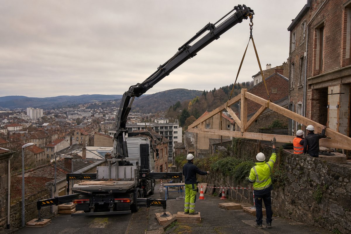 Mise en situation d’un camion-grue européen avec une équipe de levage pour charpente en pente forte, crêt-de-roc, dans un environnement inspiré de Saint-Étienne