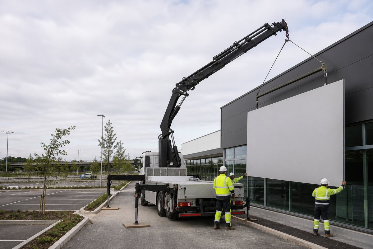 Mise en situation d’un camion-grue européen avec une équipe de levage pour montage d'enseigne en zone commerciale, dans un environnement inspiré de Saint-Herblain