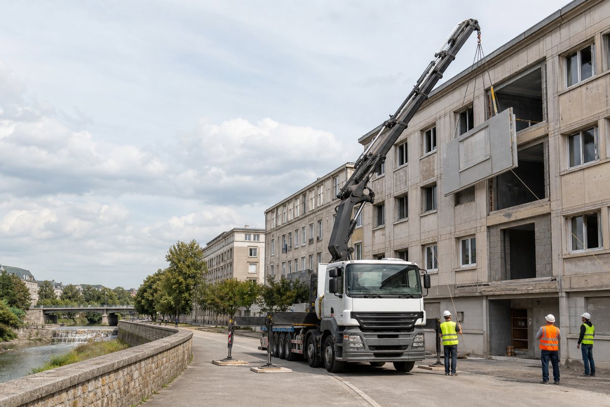 Mise en situation d’un camion-grue européen avec une équipe de levage pour réhabilitation d'un immeuble de la reconstruction, dans un environnement inspiré de Saint-Lô