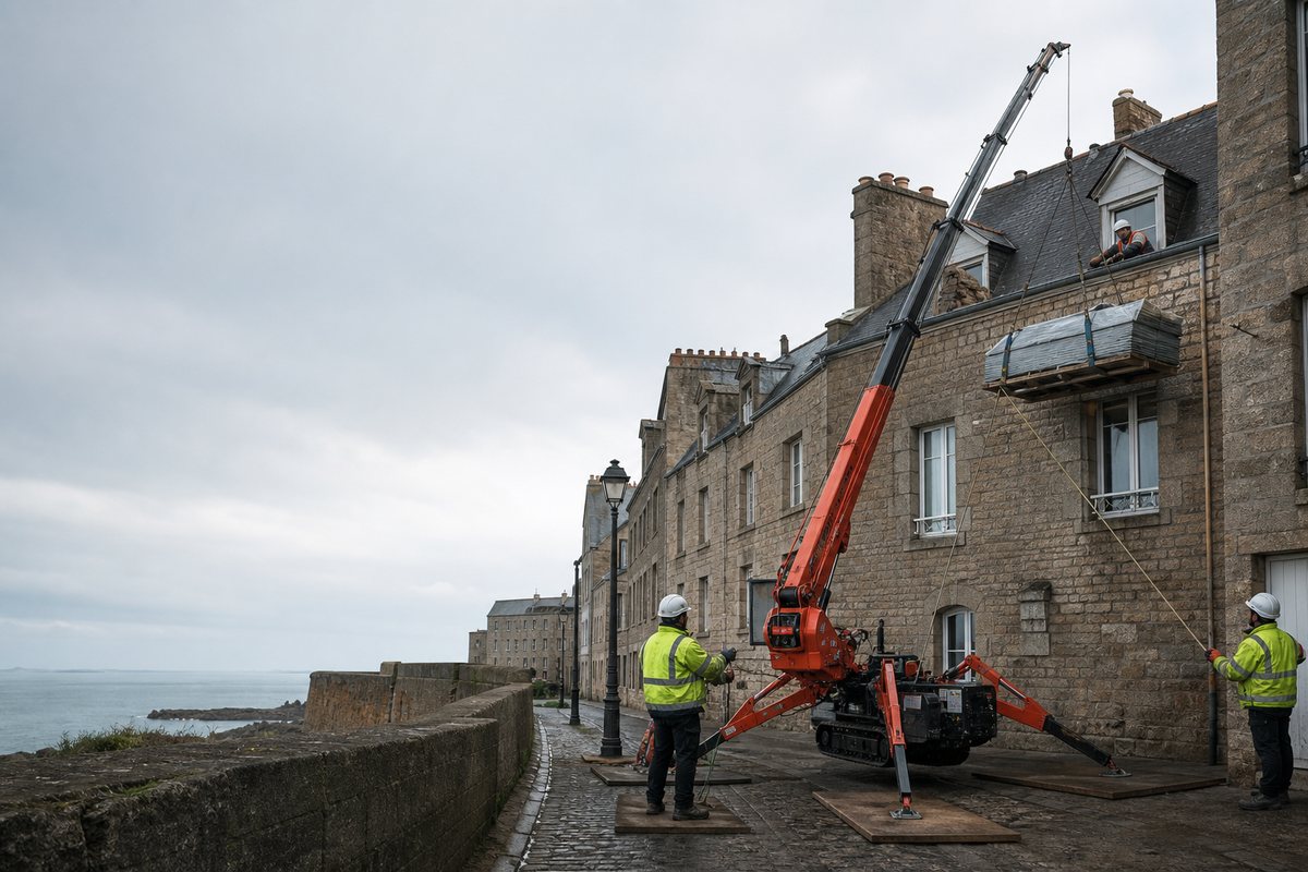 Mise en situation d’un mini-grue araignée avec une équipe de levage pour rénovation de toiture intra-muros, dans un environnement inspiré de Saint-Malo