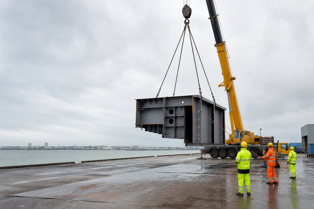 Mise en situation d’un grue mobile automotrice avec une équipe de levage pour levage de sections métalliques en périphérie des chantiers navals, dans un environnement inspiré de Saint-Nazaire