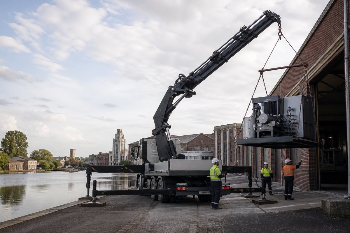 Mise en situation d’un camion-grue européen avec une équipe de levage pour levage en zone industrielle du canal, dans un environnement inspiré de Saint-Quentin