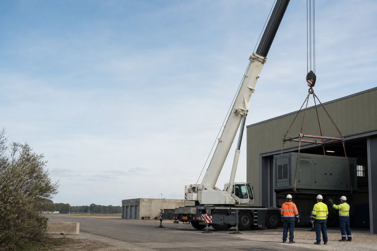 Mise en situation d’un grue mobile automotrice avec une équipe de levage pour levage riverain de la base aérienne, dans un environnement inspiré de Salon-de-Provence