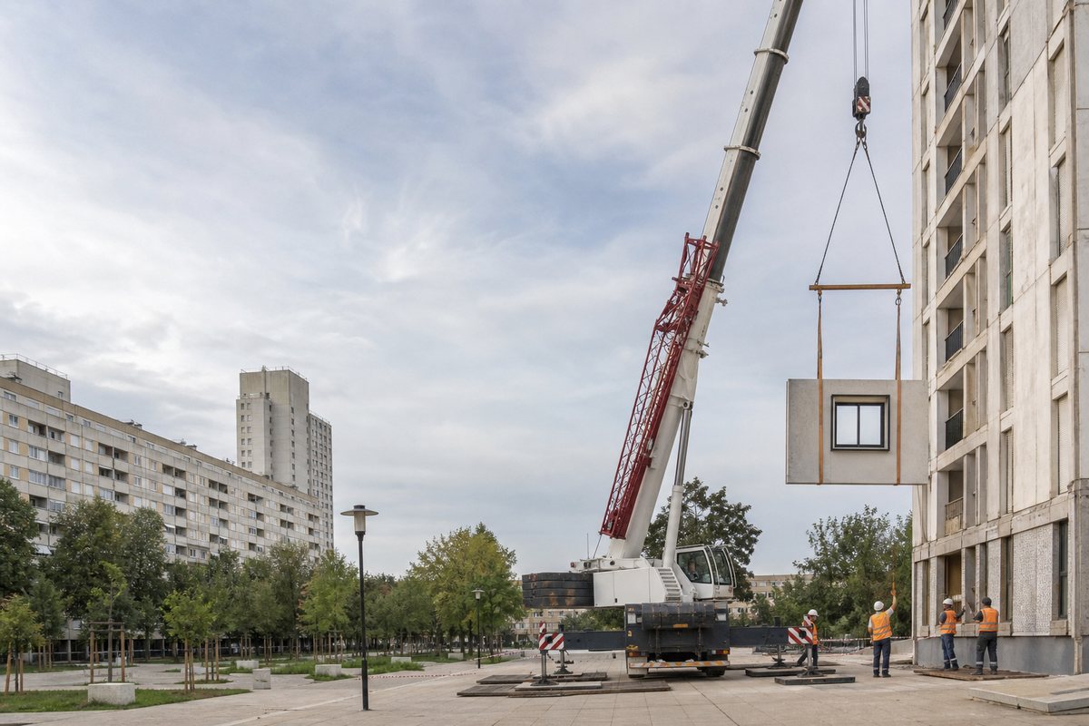 Mise en situation d’un grue mobile automotrice avec une équipe de levage pour réhabilitation de façade sur barre de logements, dans un environnement inspiré de Sarcelles