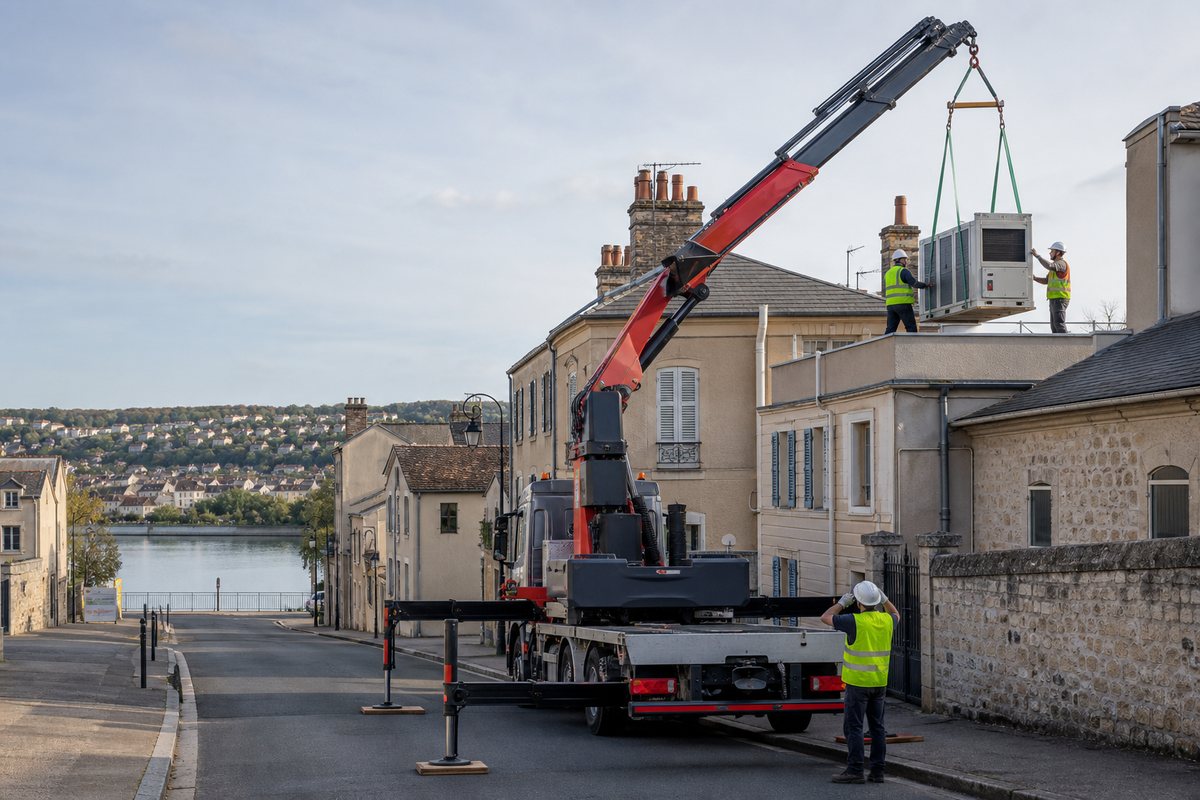Mise en situation d’un camion-grue européen avec une équipe de levage pour levage de climatisation collective, dans un environnement inspiré de Sartrouville