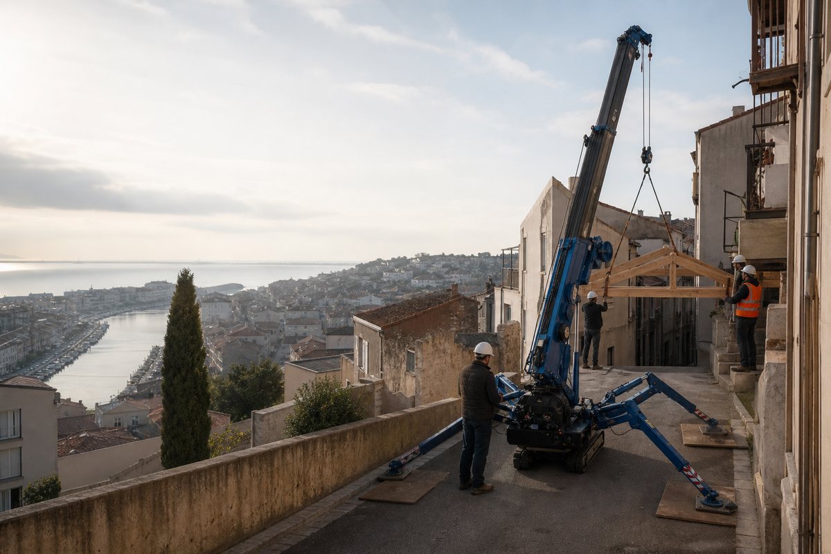 Mise en situation d’un mini-grue araignée avec une équipe de levage pour rénovation de toiture quartier haut, dans un environnement inspiré de Sète