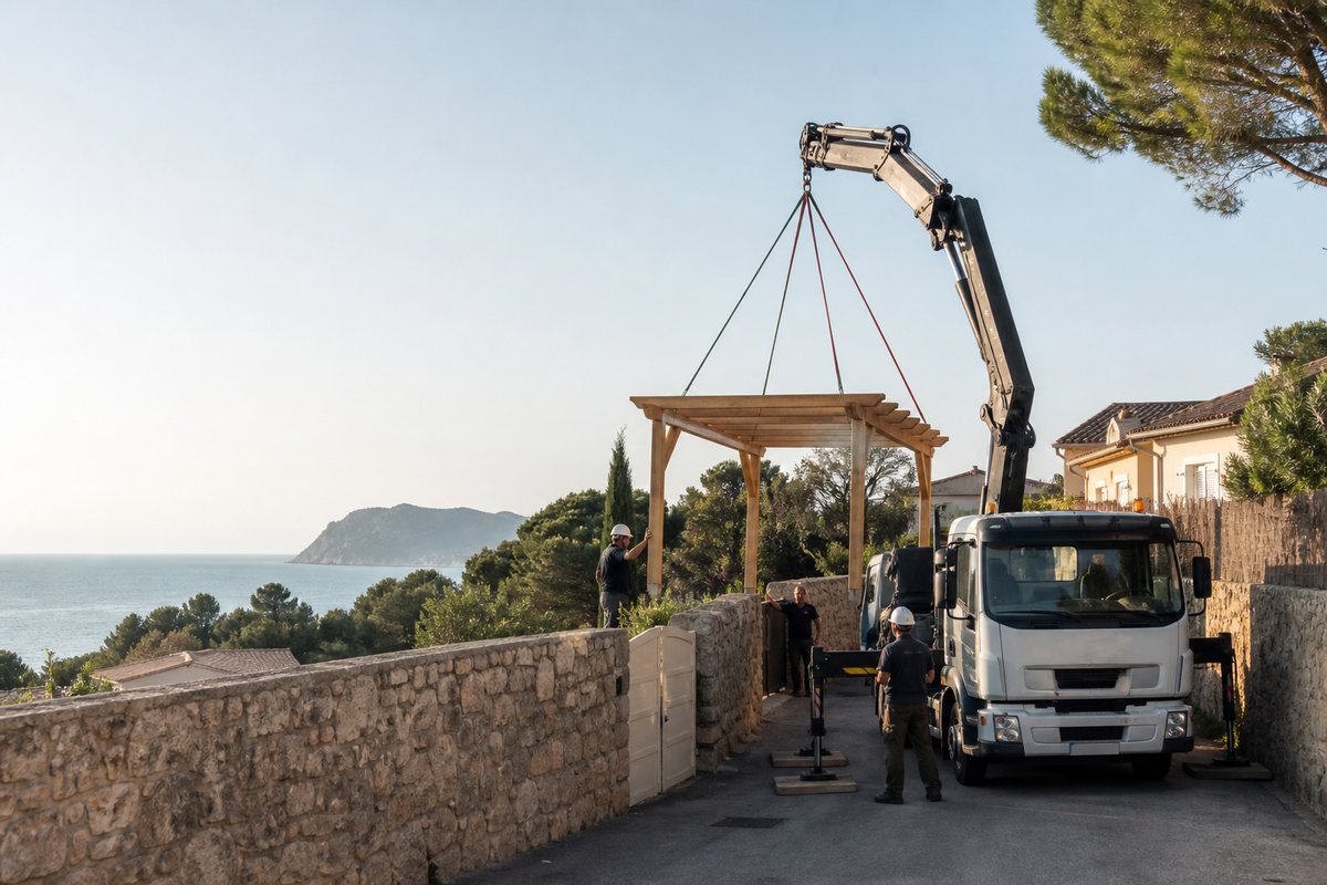Mise en situation d’un camion-grue européen avec une équipe de levage pour toiture de cabanon au port du brusc, dans un environnement inspiré de Six-Fours-les-Plages