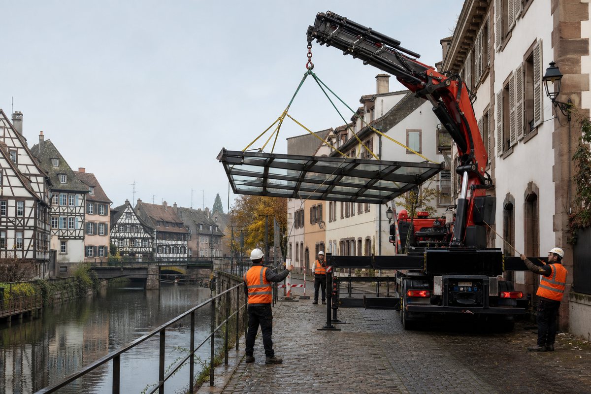 Mise en situation d’un camion-grue européen avec une équipe de levage pour centrale de traitement d'air, neudorf, dans un environnement inspiré de Strasbourg
