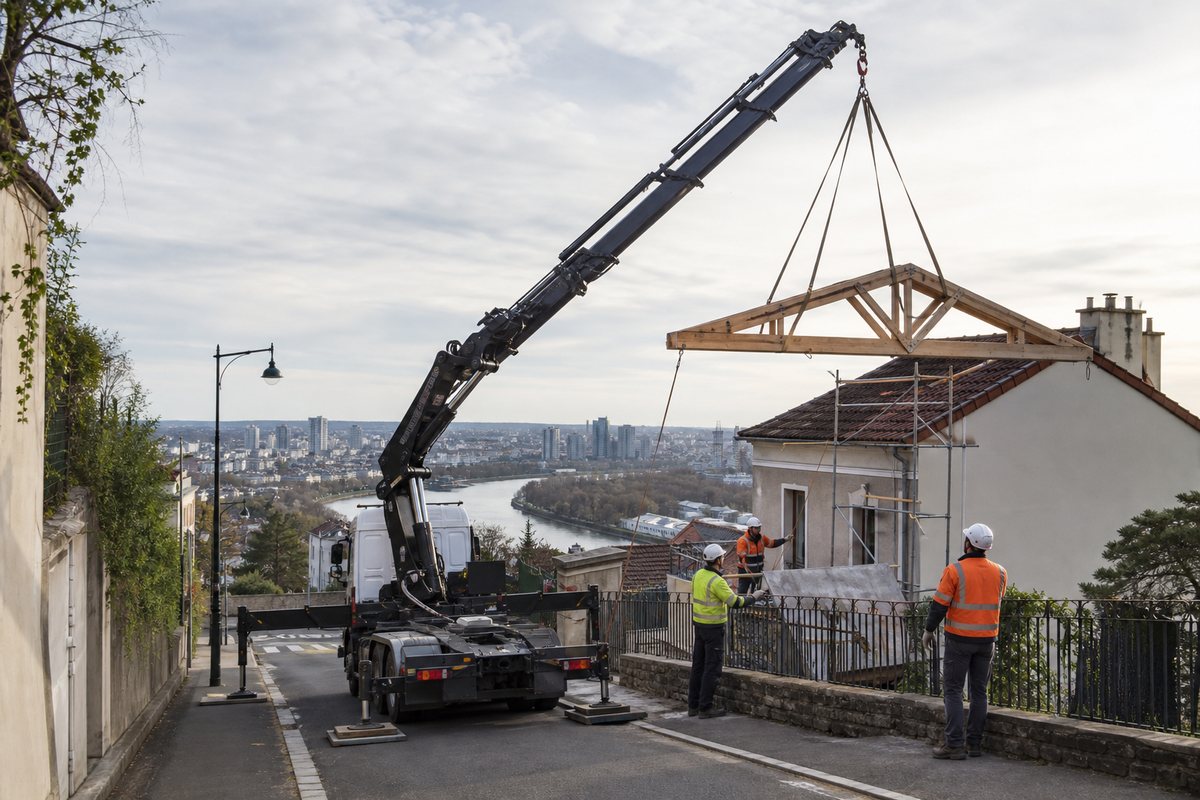 Mise en situation d’un camion-grue européen avec une équipe de levage pour rénovation de pavillon sur coteau, dans un environnement inspiré de Suresnes