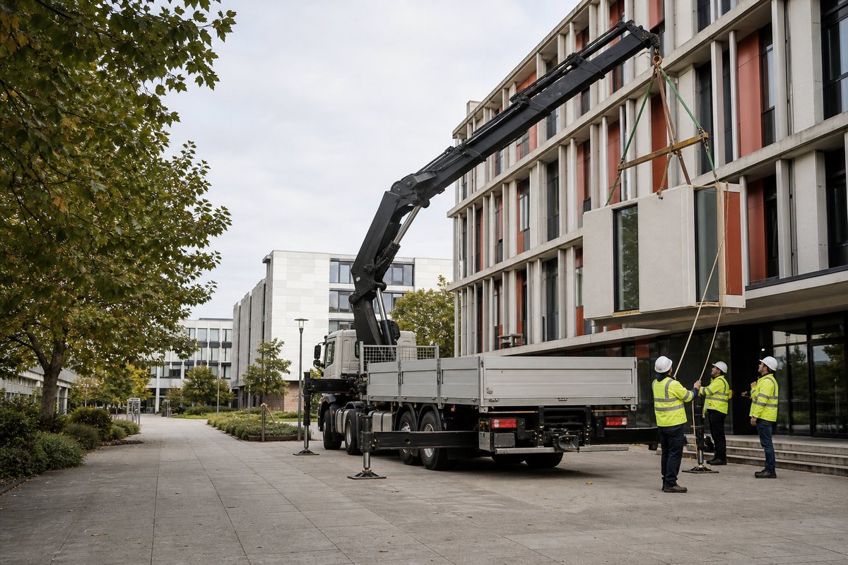 Mise en situation d’un camion-grue européen avec une équipe de levage pour rénovation d'un bâtiment universitaire, dans un environnement inspiré de Talence