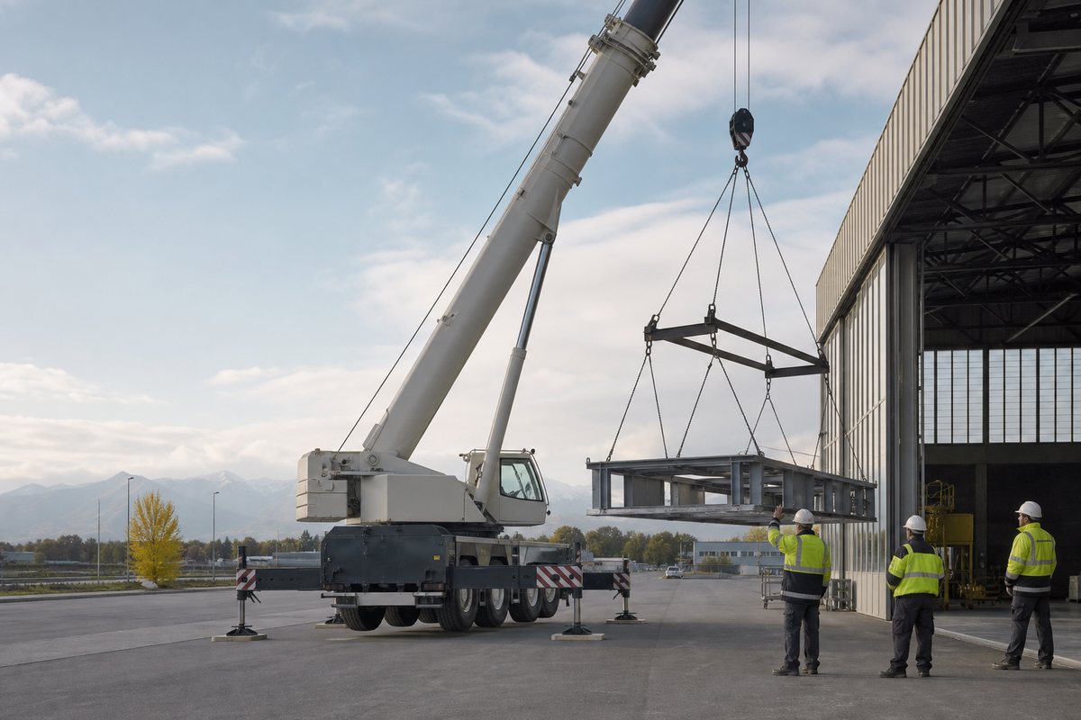 Mise en situation d’un grue mobile automotrice avec une équipe de levage pour levage de structure industrielle à l'arsenal, dans un environnement inspiré de Tarbes