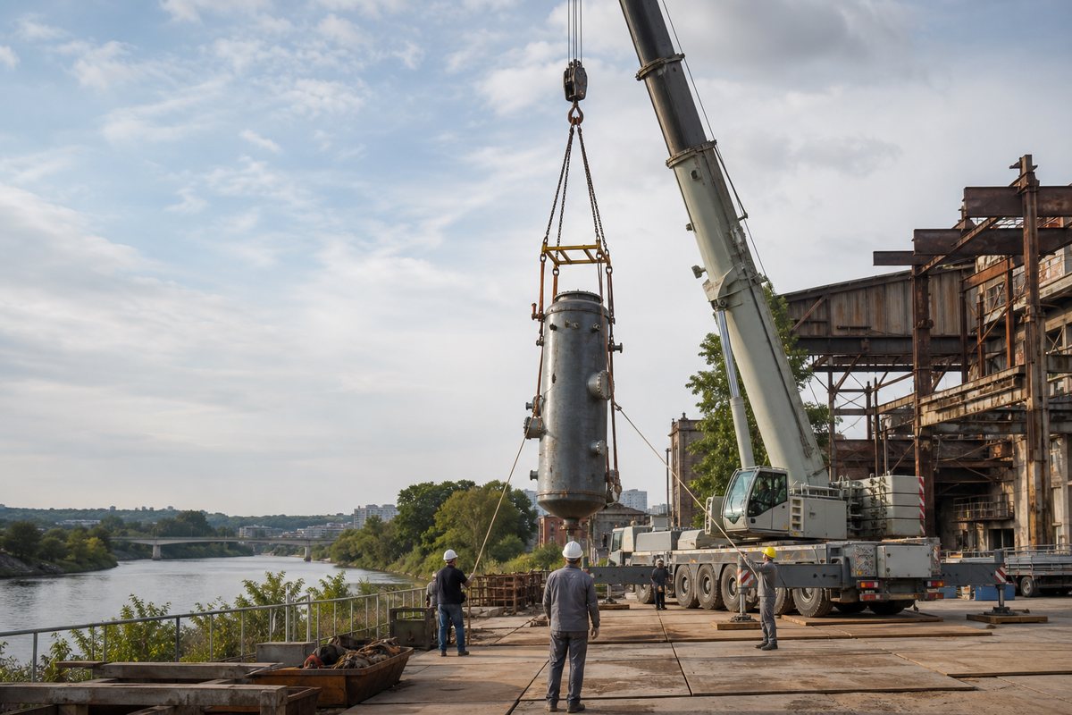 Mise en situation d’un grue mobile automotrice avec une équipe de levage pour levage industriel sur ancien site sidérurgique, dans un environnement inspiré de Thionville