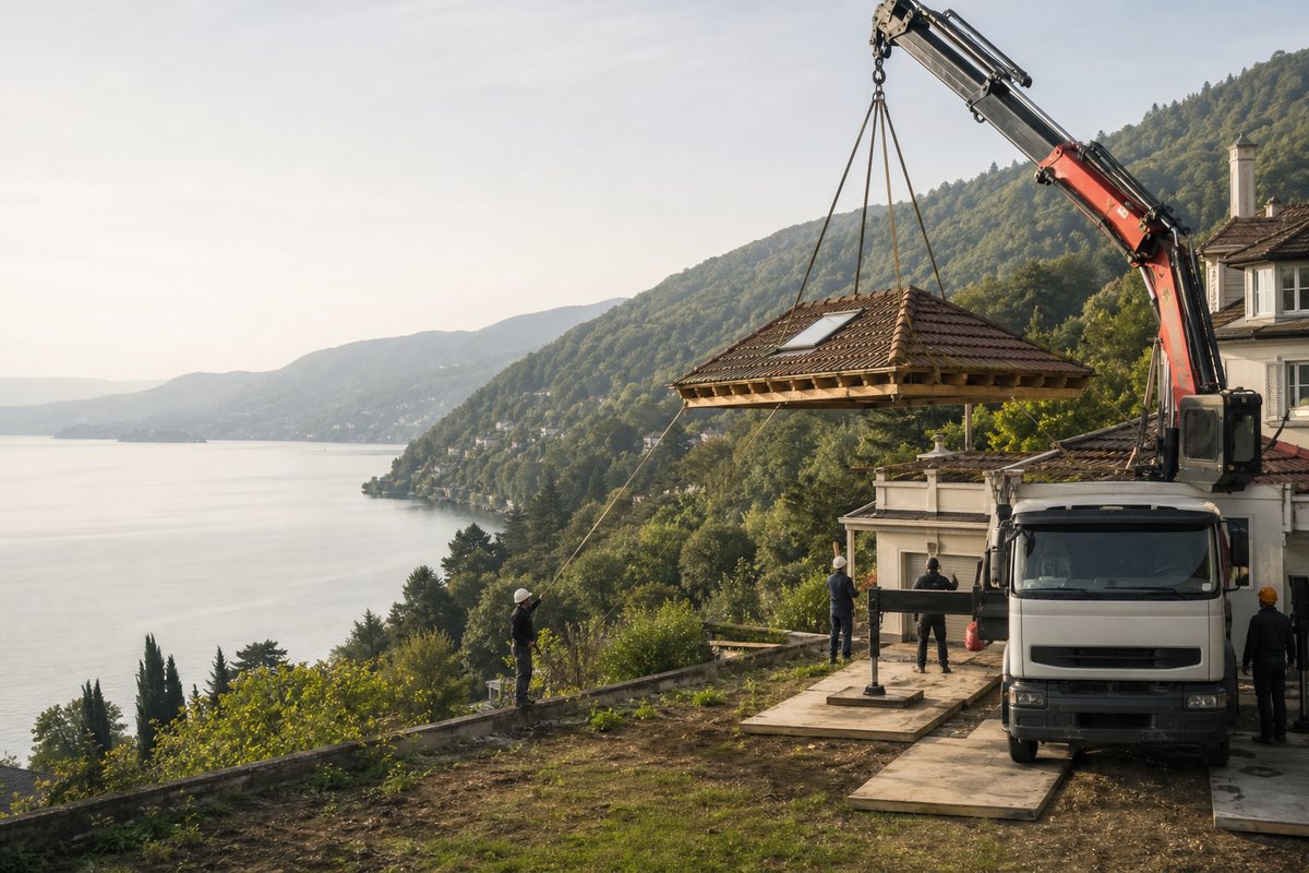 Mise en situation d’un camion-grue européen avec une équipe de levage pour toiture villa quartier thermal, dans un environnement inspiré de Thonon-les-Bains