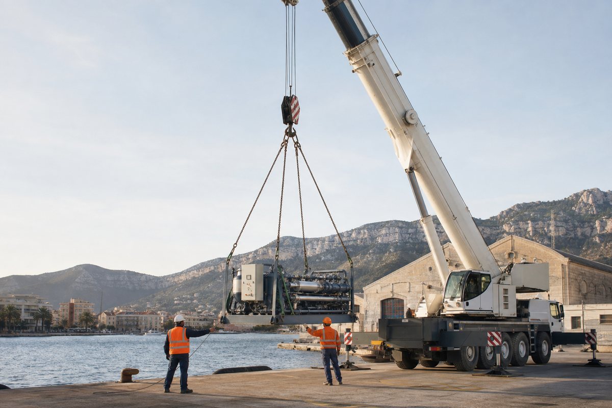 Mise en situation d’un grue mobile automotrice avec une équipe de levage pour levage sur quai, réparation navale, dans un environnement inspiré de Toulon