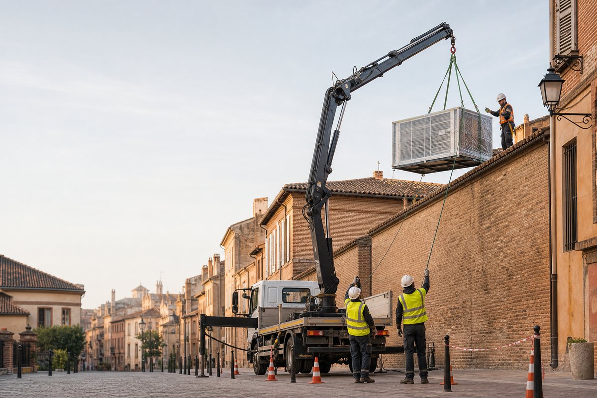 Mise en situation d’un camion-grue européen avec une équipe de levage pour centrale de traitement d'air, compans-caffarelli, dans un environnement inspiré de Toulouse