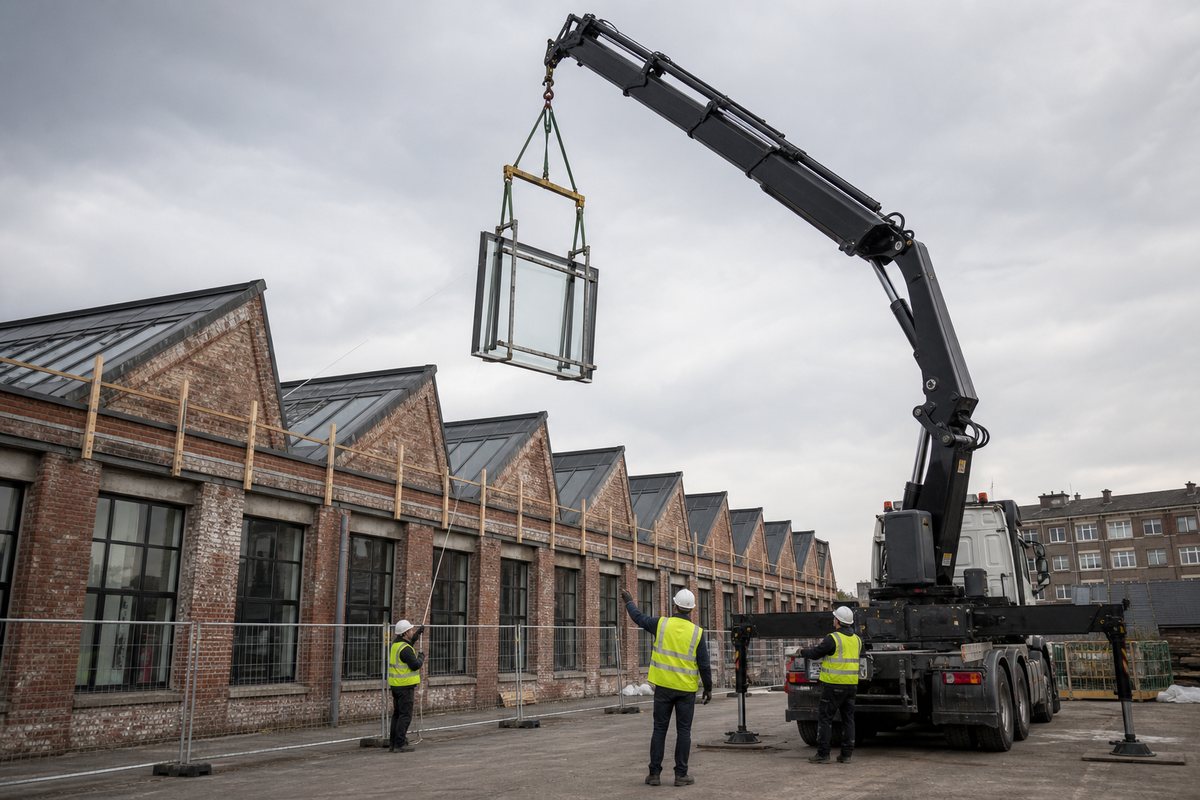 Mise en situation d’un camion-grue européen avec une équipe de levage pour remplacement de verrières de sheds, rue de tournai, dans un environnement inspiré de Tourcoing
