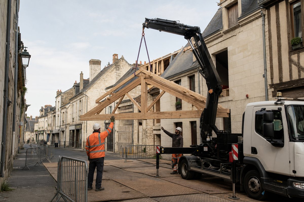 Mise en situation d’un camion-grue européen avec une équipe de levage pour charpente en centre ancien, vieux-tours, dans un environnement inspiré de Tours