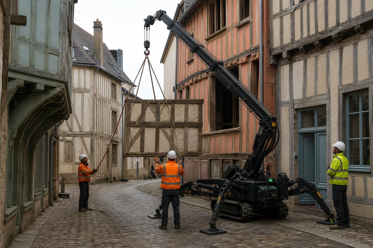 Mise en situation d’un mini-grue araignée avec une équipe de levage pour reprise de pan de bois en centre historique, dans un environnement inspiré de Troyes